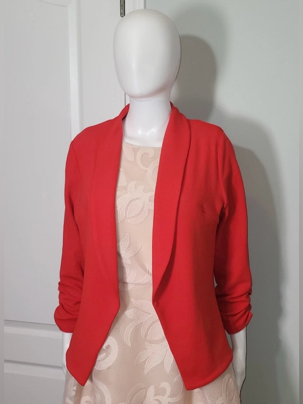 Lock & Love Open Front Blazer Jacket Red Women's Small NWT Ruched 3/4 Sleeve - Picture 3 of 15